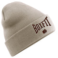 CONTRAST BOXFIT BEANIE - Sand with Claret/White Logo